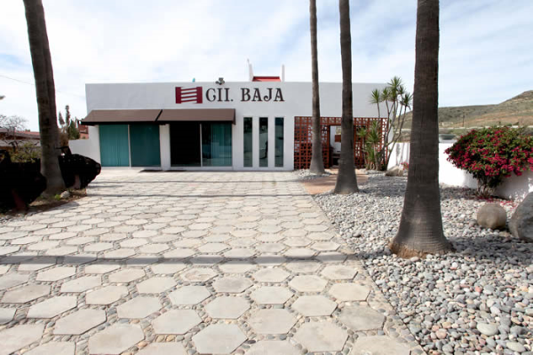 This is a photograph of an outdoor area featuring a paved pathway with palm trees on either side, leading up to a white building with a red sign that reads  Gil Baja  and a blue awning. The setting appears to be in a warm climate, as indicated by the vegetation and clear sky.