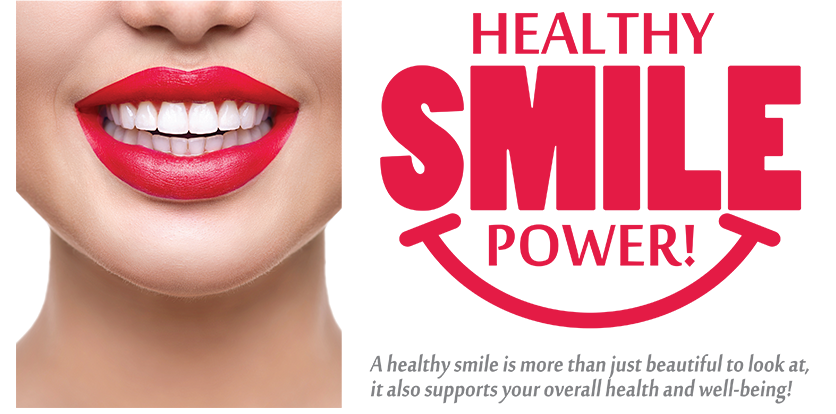 The image shows a close-up of a person s face with red lipstick, overlaid with text that reads  HEALTHY SMILE POWER  and includes a graphic of a smile with teeth.